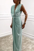 Deep V-Neck Twisted Knot Waist Ruched Front Slit Satin Maxi Dress