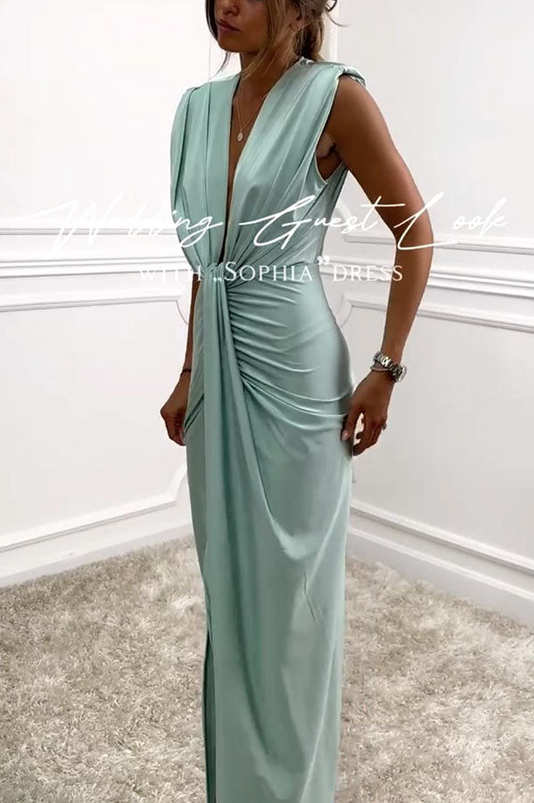 Deep V-Neck Twisted Knot Waist Ruched Front Slit Satin Maxi Dress