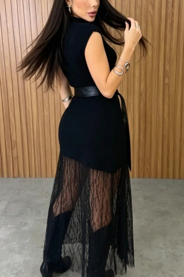 Stylish Sleeveless Spliced lace Hem Elegant Slim-fit Maxi Dress