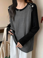 Contrast Color Splice Metal Decor Long Sleeve Knit