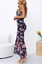 Floral Print Ruched Sweetheart Cut Out Asymmetric Ruffle Hem Midi Dress