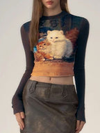 Kitten Print Splice Slim Long Sleeve Knit