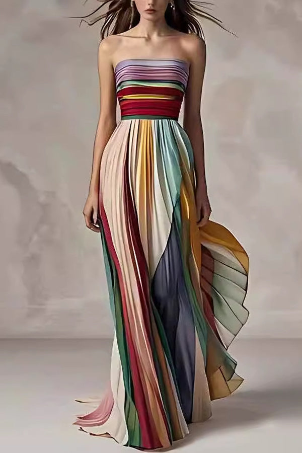 Strapless Multi Stripe Pleated Accordion Maxi Dress