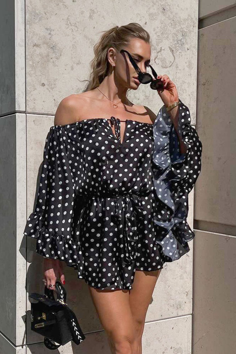 Polka Dot Off Shoulder Wide Sleeve Tie Waist Ruffle Hem Romper