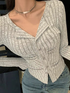 Lapel Neck Ruched Slim Long Sleeve Knit
