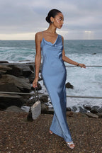 Satin Cowl Neck Spaghetti Strap Slip Maxi Formal Dress
