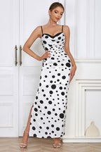 Polka Dot Sweetheart Cowl Neck Ruched Bodycon High Split Maxi Dress
