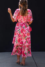 Floral Print Square Neck Cape Sleeve Cut Out Waist Tiered Maxi Dress