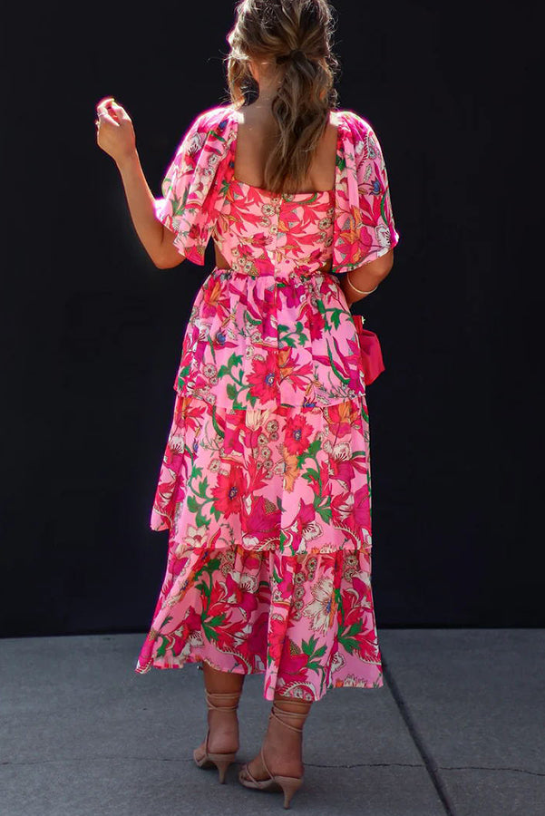 Floral Print Square Neck Cape Sleeve Cut Out Waist Tiered Maxi Dress