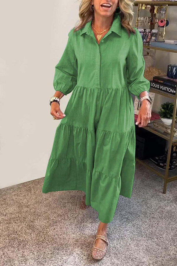 Collared Button Front Tiered Elastic Cuff Long Sleeve Midi Shirt Dress