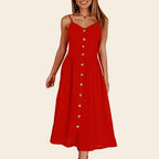 Spaghetti Strap V-Neck Button Front High Waist A-Line Midi Dress