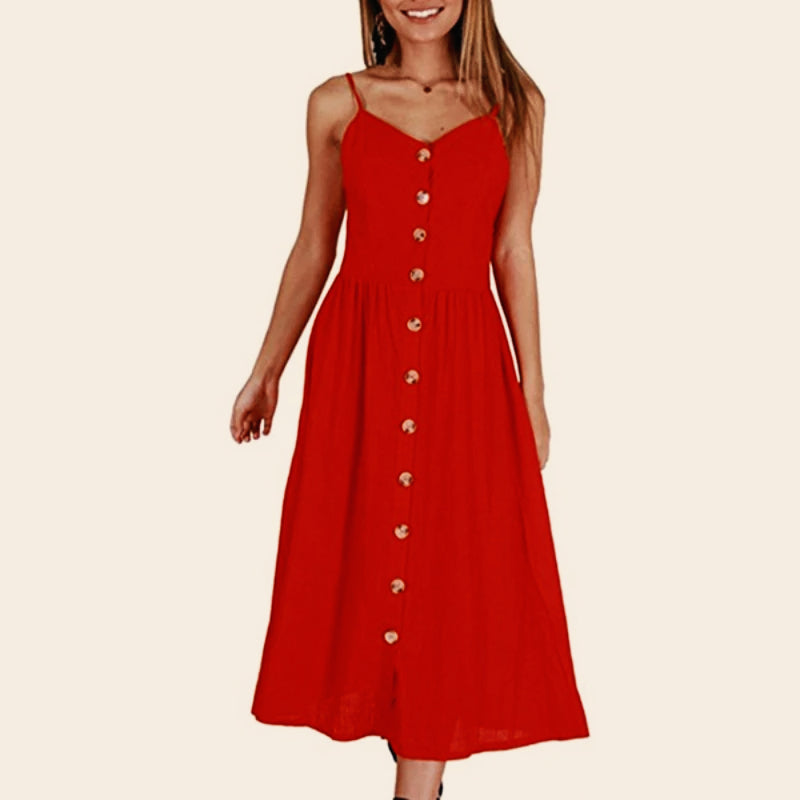 Spaghetti Strap V-Neck Button Front High Waist A-Line Midi Dress
