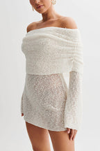 Off Shoulder Cowl Neck Long Sleeve Textured Knit Bodycon Mini Dress