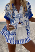 Summer Beach Print Loose Button Elastic Waist Shorts Set