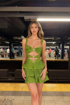 Sweetheart Neckline Starfish Embellished Cutout Tiered Ruffle Pleated Mini Dress