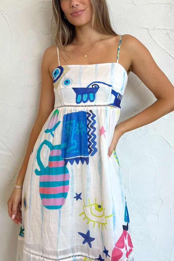 Graphic Print Spaghetti Strap Tiered Eyelet Trim Midi Dress
