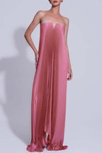 Pleated Metallic Notch Neck Strapless Flowy Maxi Dress