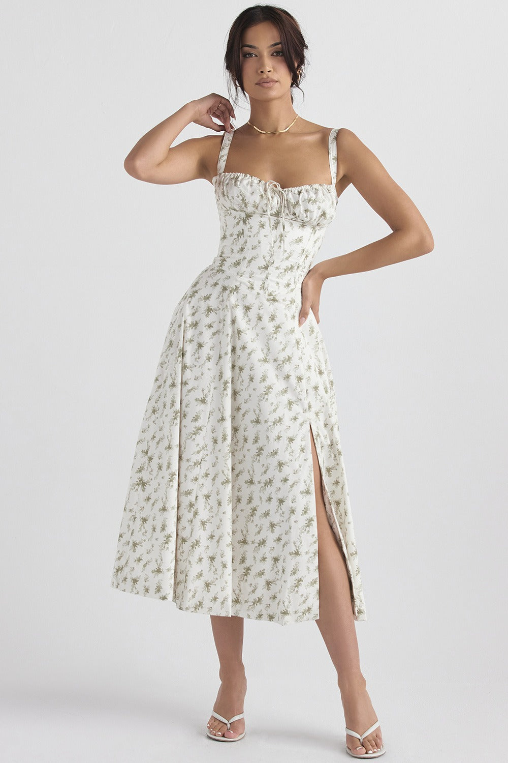 Floral Print Sweetheart Corset Bodice Wide Strap Fit and Flare Midi Dress