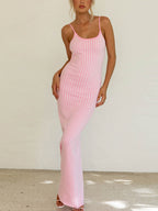 Retro Plaid Pink Suspender Slim Knitted Maxi Dress