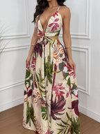 Tropical Print Plunge Cutout Slit Maxi Dress