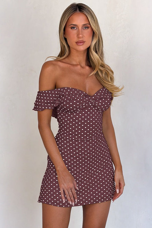 Off Shoulder Polka Dot Twist Front Ruffle Sleeve Bodycon Mini Dress