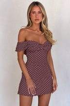 Off Shoulder Polka Dot Twist Front Ruffle Sleeve Bodycon Mini Dress
