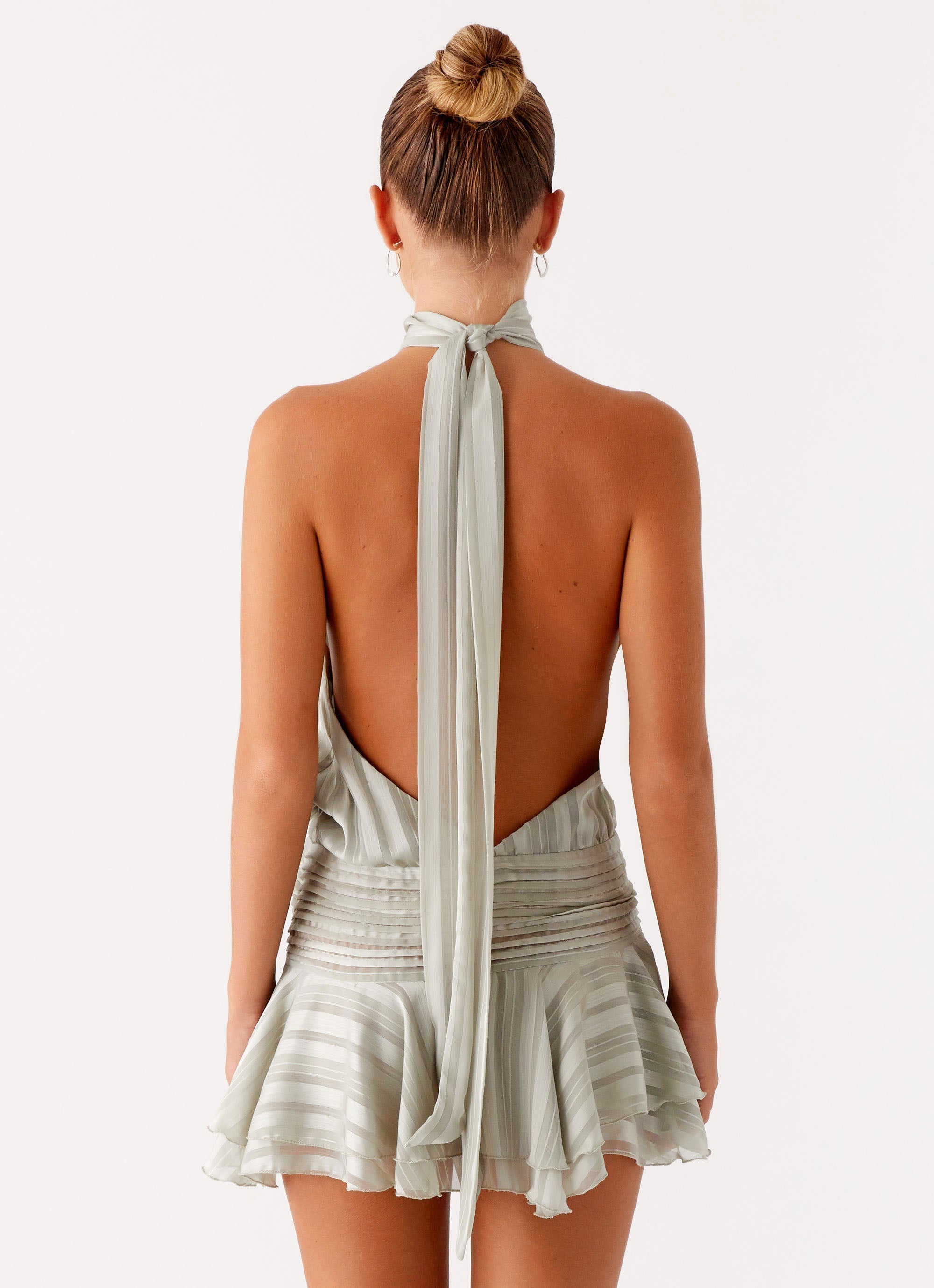 Striped Chiffon Halter Neck Smocked Waist Tiered Ruffle Hem Mini Dress