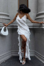 Deep V-Neck Spaghetti Strap Asymmetrical Ruffle Tier High Split Maxi Dress