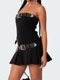 Denim Bandeau Pleat Belt Mini Skirt