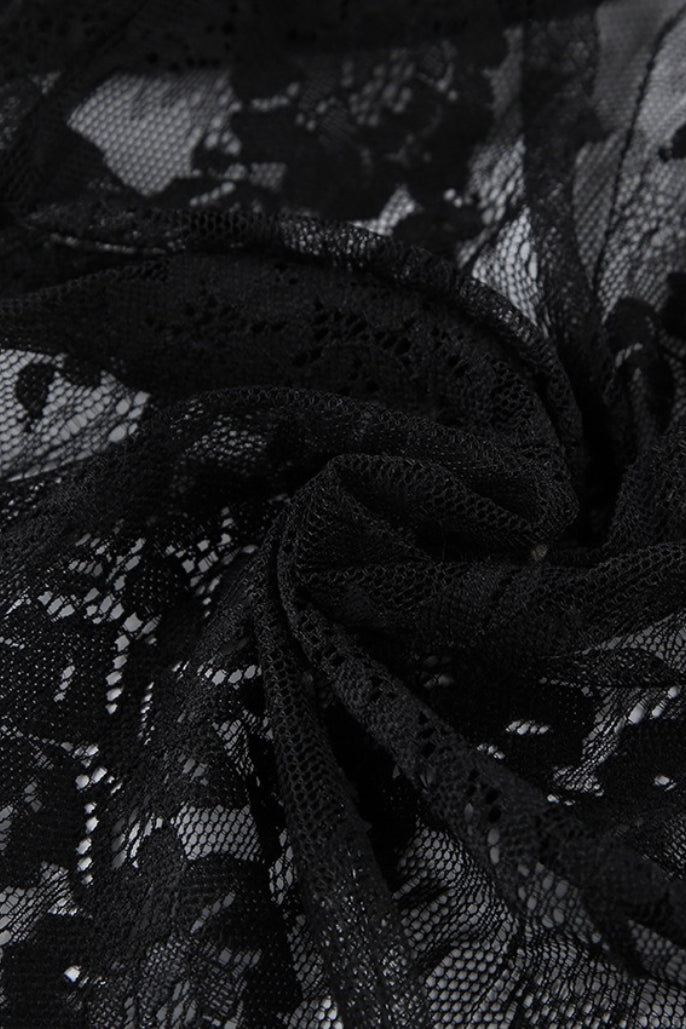 Black Square Neck Ruffle Trim Sheer Lace Ribbon Tie Maxi Dress