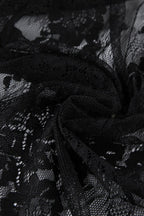 Black Square Neck Ruffle Trim Sheer Lace Ribbon Tie Maxi Dress