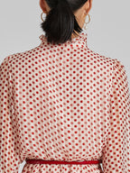 Polka Dot Mock Neck Button Front Ruffle Cuff Fit and Flare Midi Dress