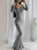 Solid Color Wrap Hip Slim Maxi Dress