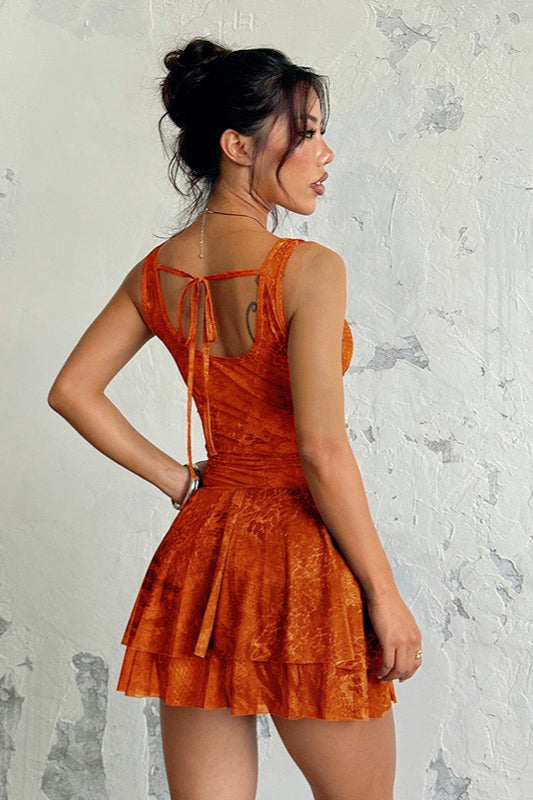 Deep V-Neck Spaghetti Strap Ruched Tiered Flared Mini Dress