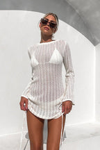 White Round Neck Crochet Knit Drawstring Side Ruched Bell Sleeve Mini Dress