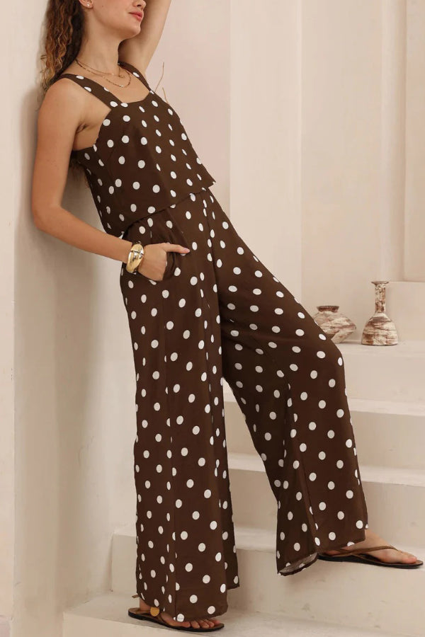 Polka Dot Print Loose Sleeveless Casual Wide-leg Jumpsuit