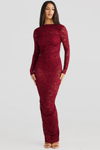 Open Back Long Sleeve Floral Lace Illusion Overlay Bodycon Maxi Dress
