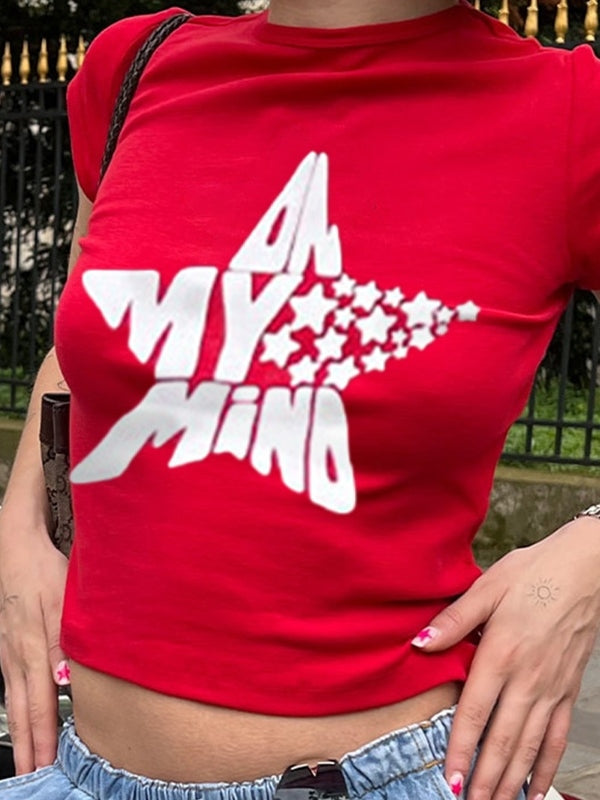 Star Letter Print Cropped Short Sleeve Tee