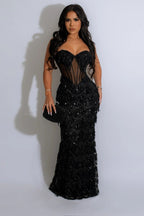 Sequin Diamond Quilt Tassel Fringe Sweetheart Corset Mesh Maxi Gown