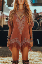 Unique Printed V-Neck Short Sleeve Fringe Loose Mini Dress