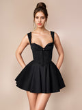 Little Black Dress Tie Front Lace Up Short Swing Dress