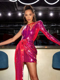 Off-shoulder Sequins Single Sleeve Short Dress With Ties