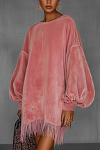 Solid Color Loose Long-sleeved Casual Tassel Hem Mini Dress