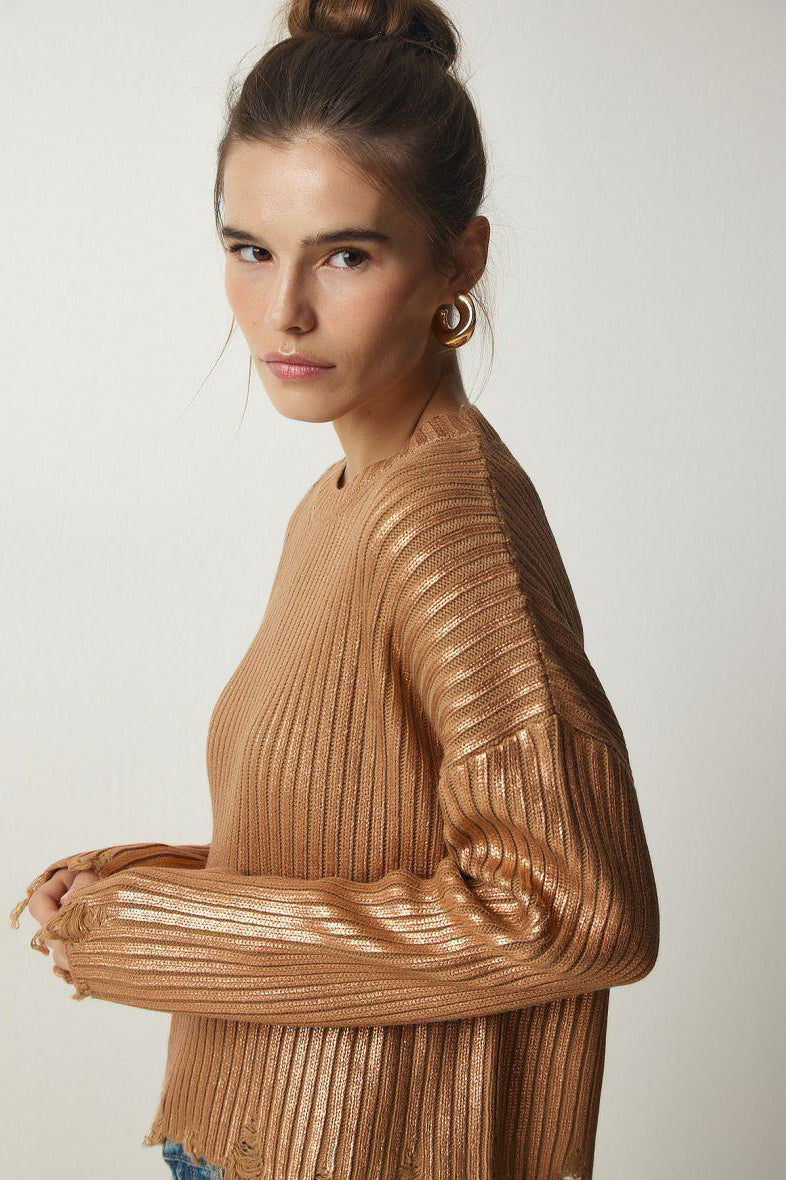 Solid Simple Silver Foil Loose Slim Long Sleeve Sweater