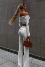 Off Shoulder Long Sleeve Crop Top Pants Set