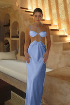 Blue Halter Neck Criss Cross Strap Midriff Cutout Maxi Dress