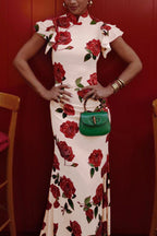Elegant party cheongsam style rose print layered flared sleeve elastic long skirt