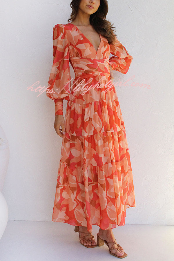 Abstract Floral Print V-Neck Bishop Sleeve Wrap Waist Tiered Maxi Dress