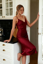 Satin Spaghetti Strap Deep V-Neck Bias Cut Slip Midi Dress