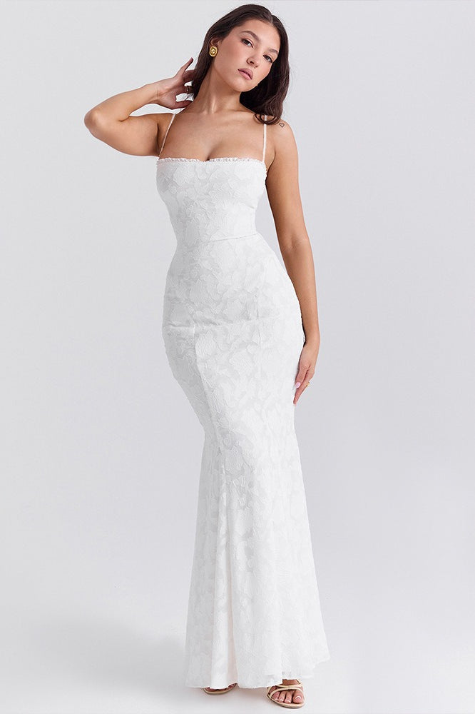 Lace Corset Square Neck Spaghetti Strap Mermaid Maxi Gown